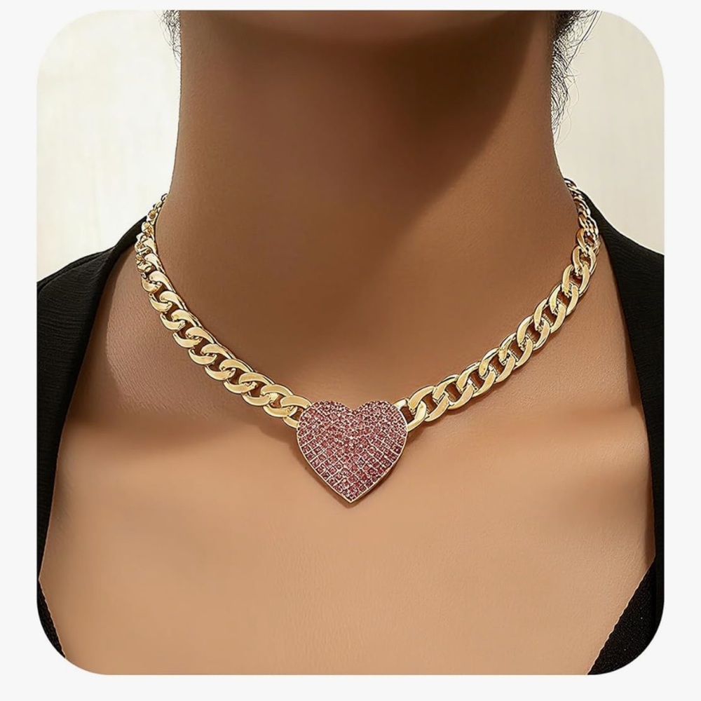 🆕 Rhinestone Heart Necklace for Women Chunky Pink Heart Choker Necklace